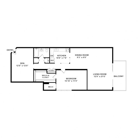 one bedroom one bath floorplan with a den at Cheverly Station Apartments, Cheverly